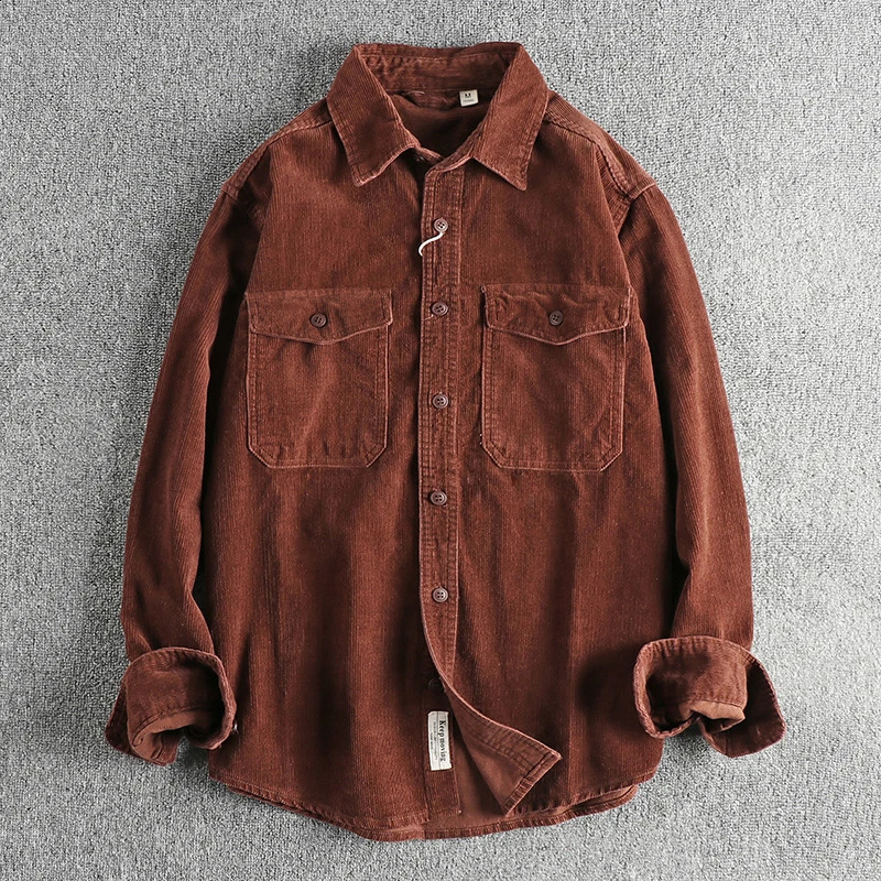 Weaving 11 Welsh Corduroy mens shirt retro 100% cotton long sleeved workwear shirt Amekaji thick wash casual top 240914