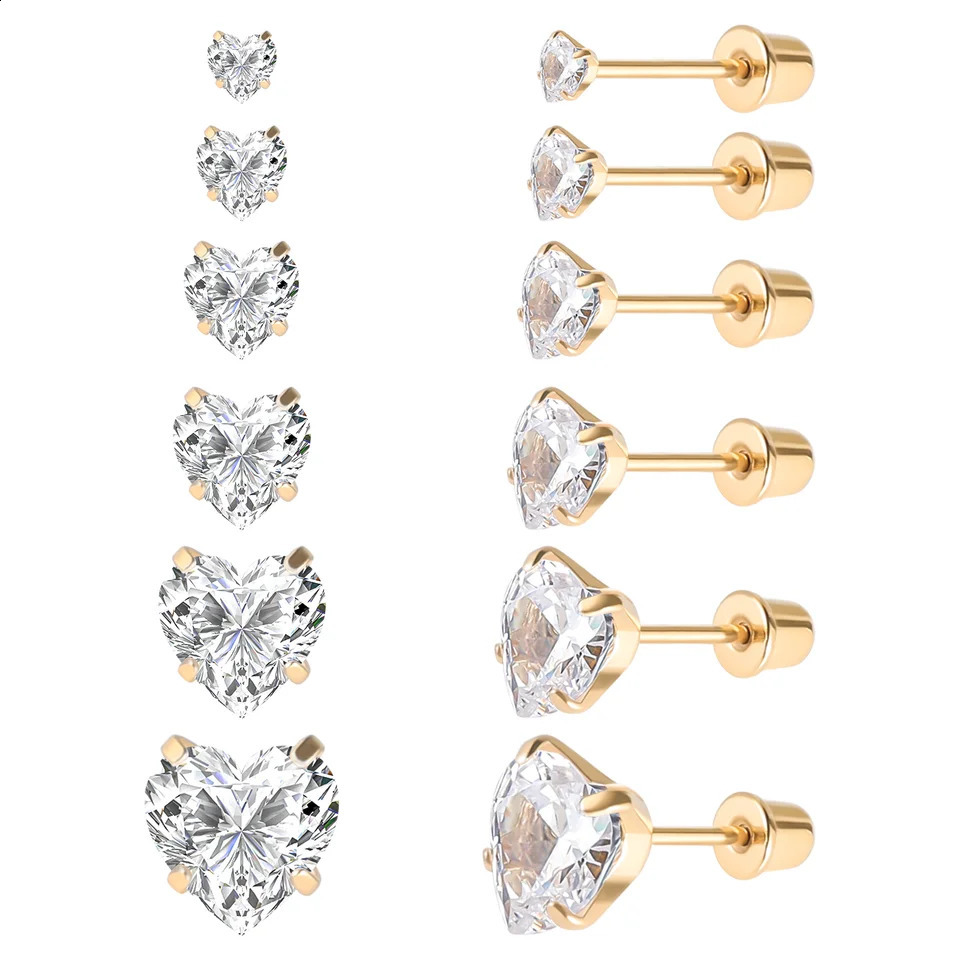 6 pairs of stainless steel screw back stud earrings gold-plated heart-shaped star shaped square princess cut circular cubic zirconia CZ stud set