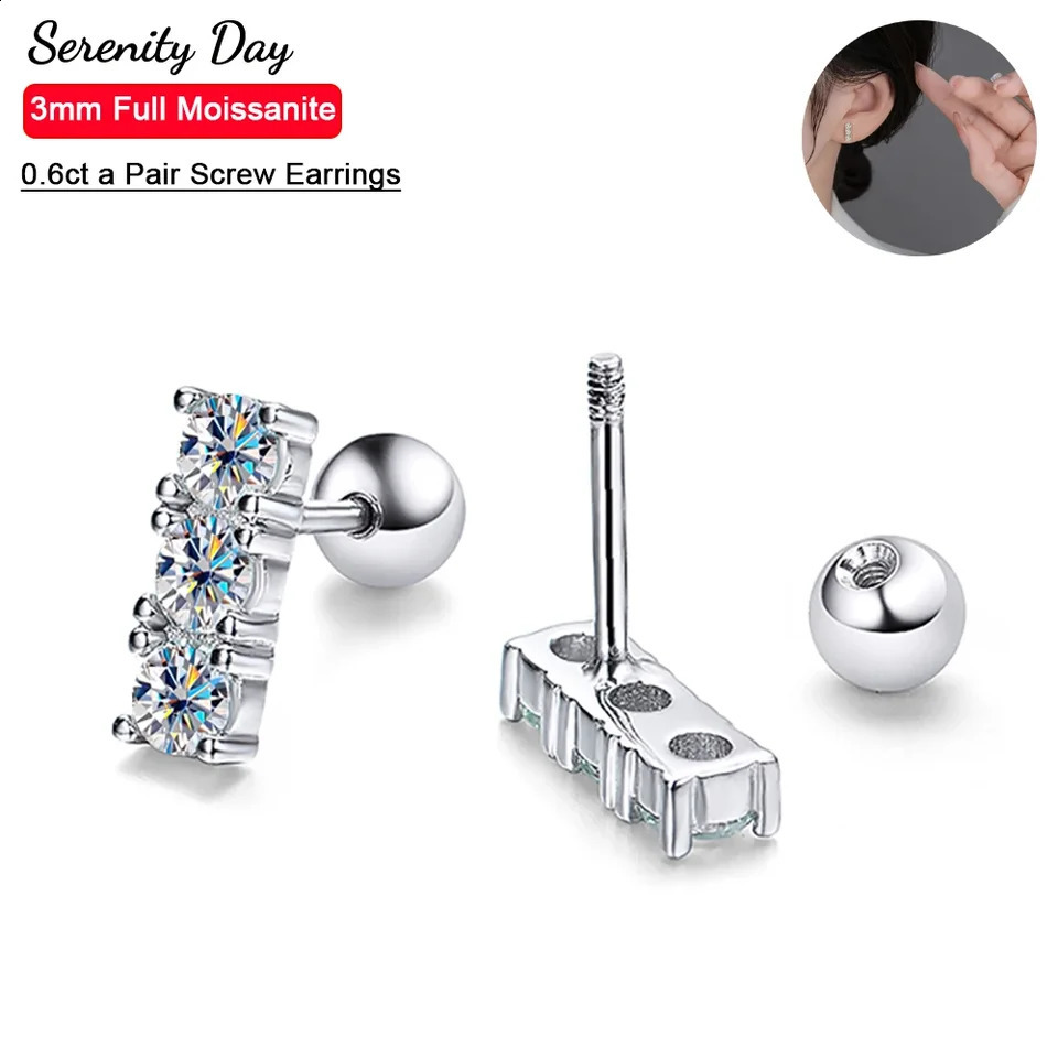 Serenity 6 Stones D Color 3mm All Mo Silica Screw Earrings Womens Gift S925 Silver Wedding Earrings Galvanized Pt950 Exquisite Jewelry 240918