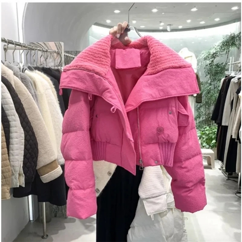 2023 Korean Chic Knit Collar Autumn Winter Coat Women Thickened Puffer Jacket Loose Parka Warm Cottonpadded Short Coats y240910
