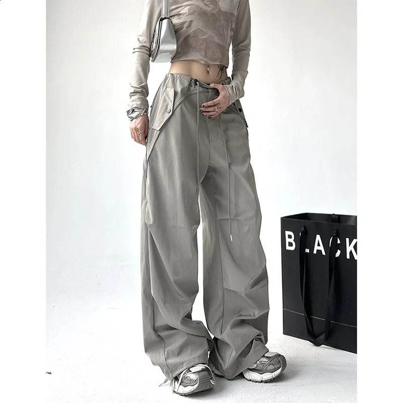Pantalon de cargaison brossé gris pour femmes à la mode y2k haute taille pantalon droit pantalon de poche de rue large pantalon de jambe féminine