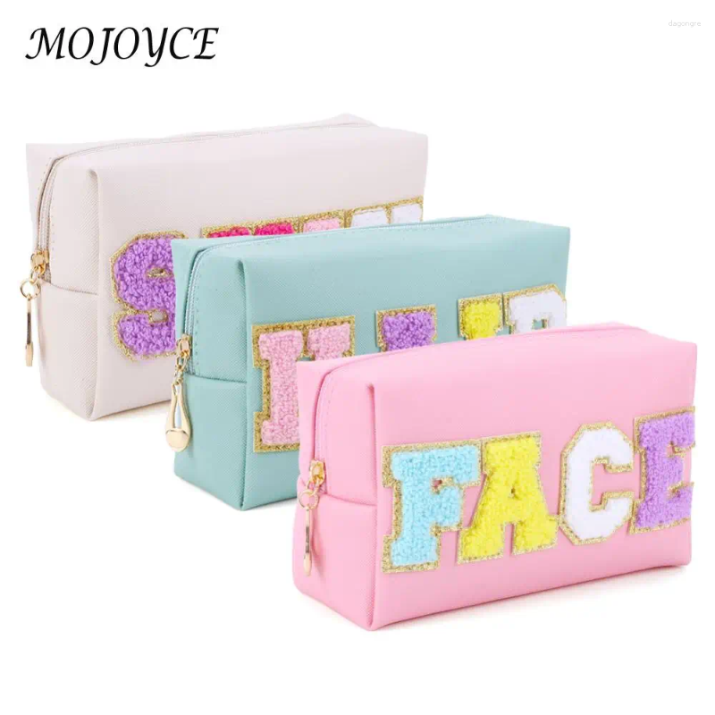 Cosmetic Bags 3PCS Face Hair Skin Bag With Patches Chenille Letter Makeup Organizer Set Zipper Closure PU Leather For Travel Accessories 9b81