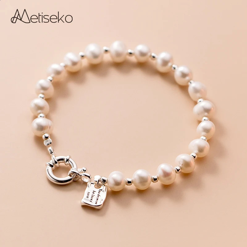 Bracelet de perle en eau douce Metiseko Natural Natural 925 Bracelet de chaîne de perles rondes en argent pur 240918