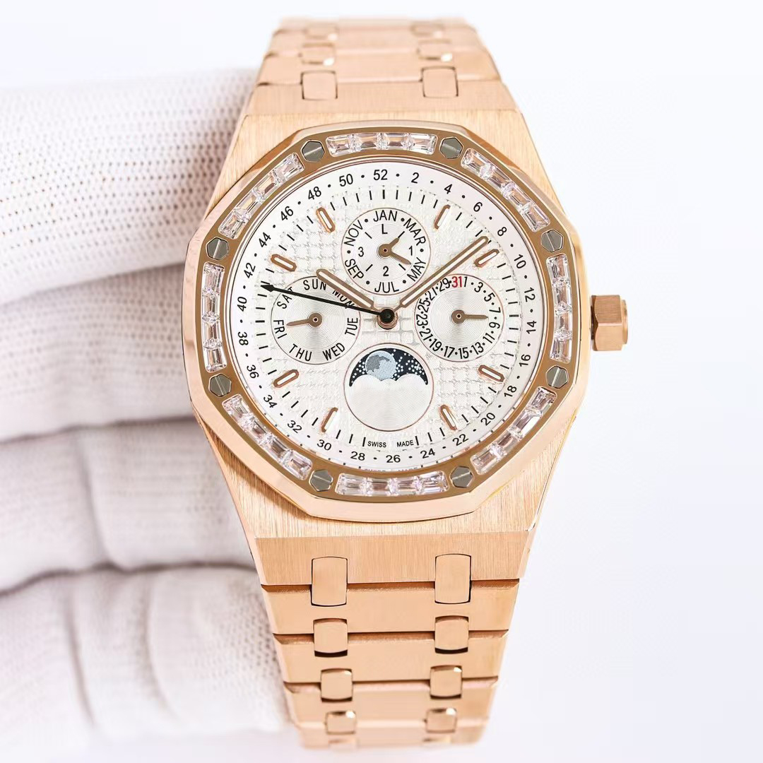 26598 Perpetual Calendar Mens Watch 18K Rose Gold Diamonds Phase Moon Cal.5134 Automatic Winding 28800vph Luxury Wristwatch Sapphire Crystal Waterpr