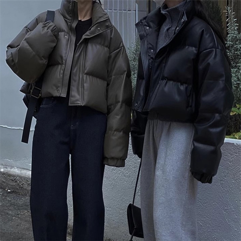 MEXZT Streetwear Short Parka Cropped Pu Leather Cotton Padded Coat Winter Thick Puffer Jacket Korean Warm Down Outwear y240910