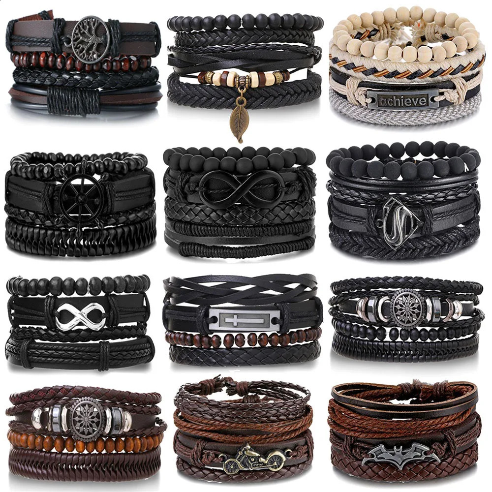 Daxi 3 / 4pcs Set Bracelet en cuir symbole illimité pour hommes Retro Life Tree Guitar Perles en bois Bracelet pour hommes à la mode 240914