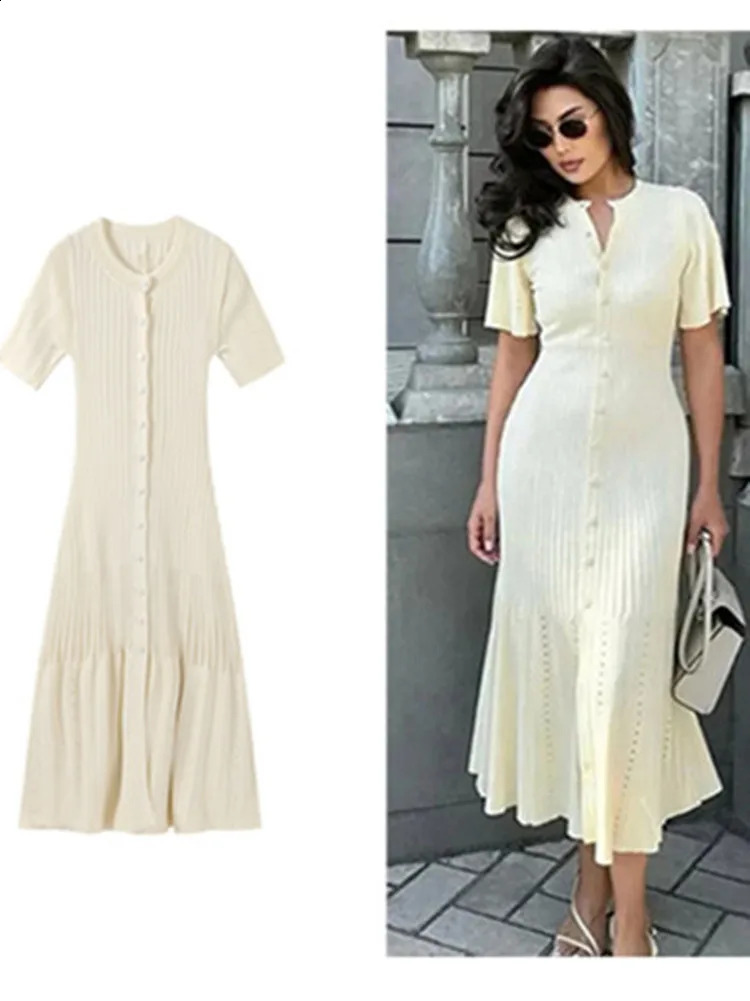 Knitted womens long skirt hollow short sleeved womens patchwork dress O-neck single chest womens solid elegant womens robe 240919