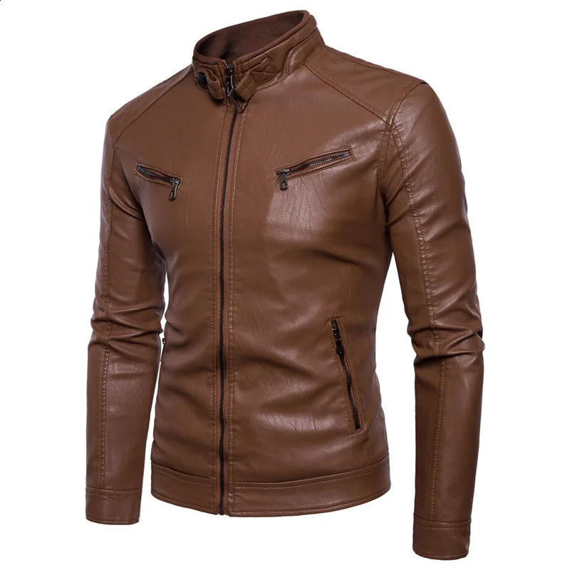 mens fashion leather jacket ultra-thin fit stand up collar PU jacket mens motorcycle lapel diagonal zipper jacket mens 240919