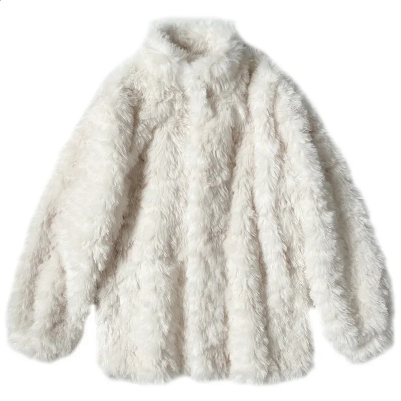 Vertical short synthetic sheepskin jacket womens loose synthetic fur fluffy jacket winter thick plush coat teddy coat fur 240919