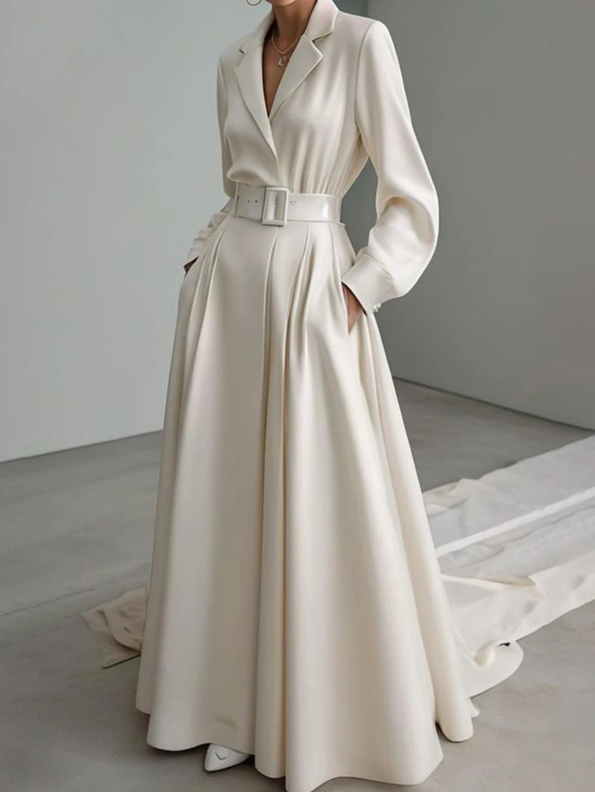 Elegant retro bohemian womens summer casual loose suit collar long sleeved pocket with A-line long skirt 240919