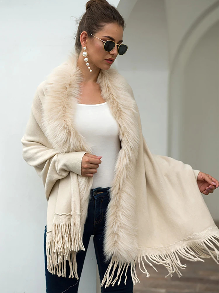 Fitting fur collar winter shawl and wrap bohemian edge oversized womens winter raincoat and shawl bat sleeve cardigan 240919