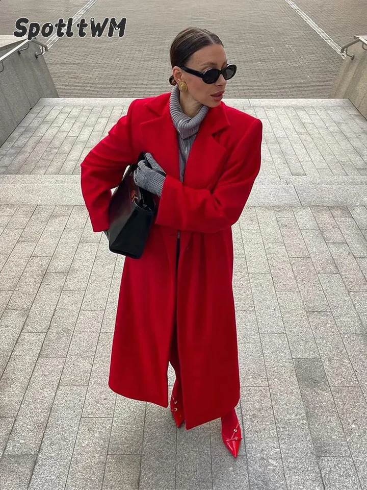 2024 Red Lapel Woolen Overcoats For Women Fashion Long Sleeves Button Casual Office Coat Autumn Lady Street Outerwear 240910Z