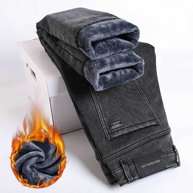 Mens warm wool jeans winter new thick velvet slim fit business casual pants classic black blue elastic cotton jeans W240919