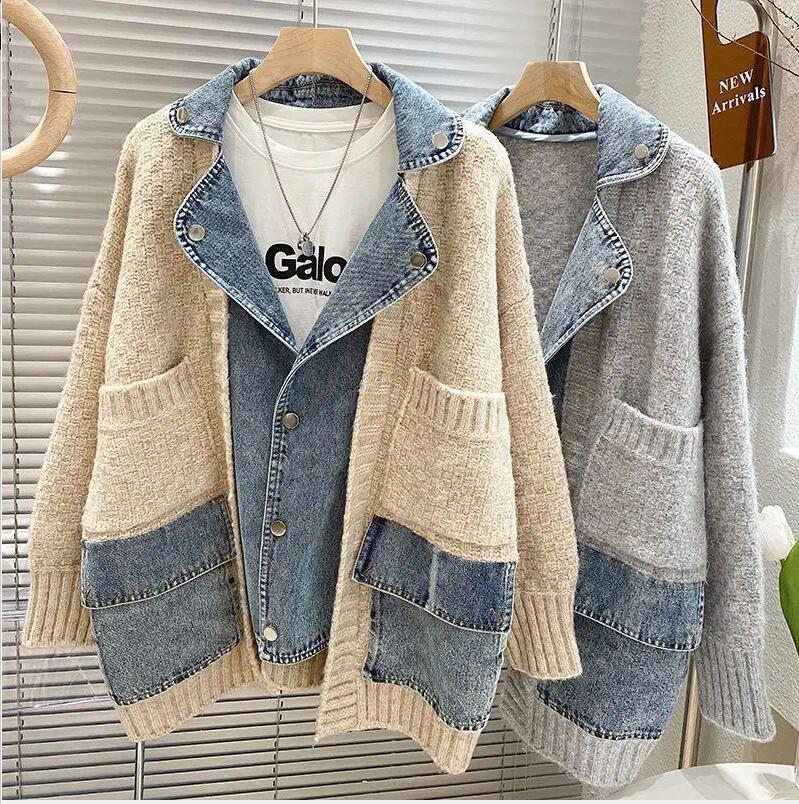High quality women's loose Sweaters Women Cowboy splicing denim cardigans Sweaters with button warm Coat lapel polos baggy jackets