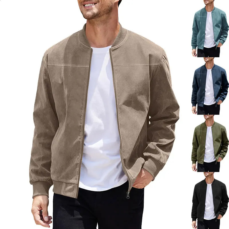 2024 Suede Mens Jackets For Spring And Fall Vintage Style Solid Color Zipper Windproof Motorcycle And Bomber Jackets 240919