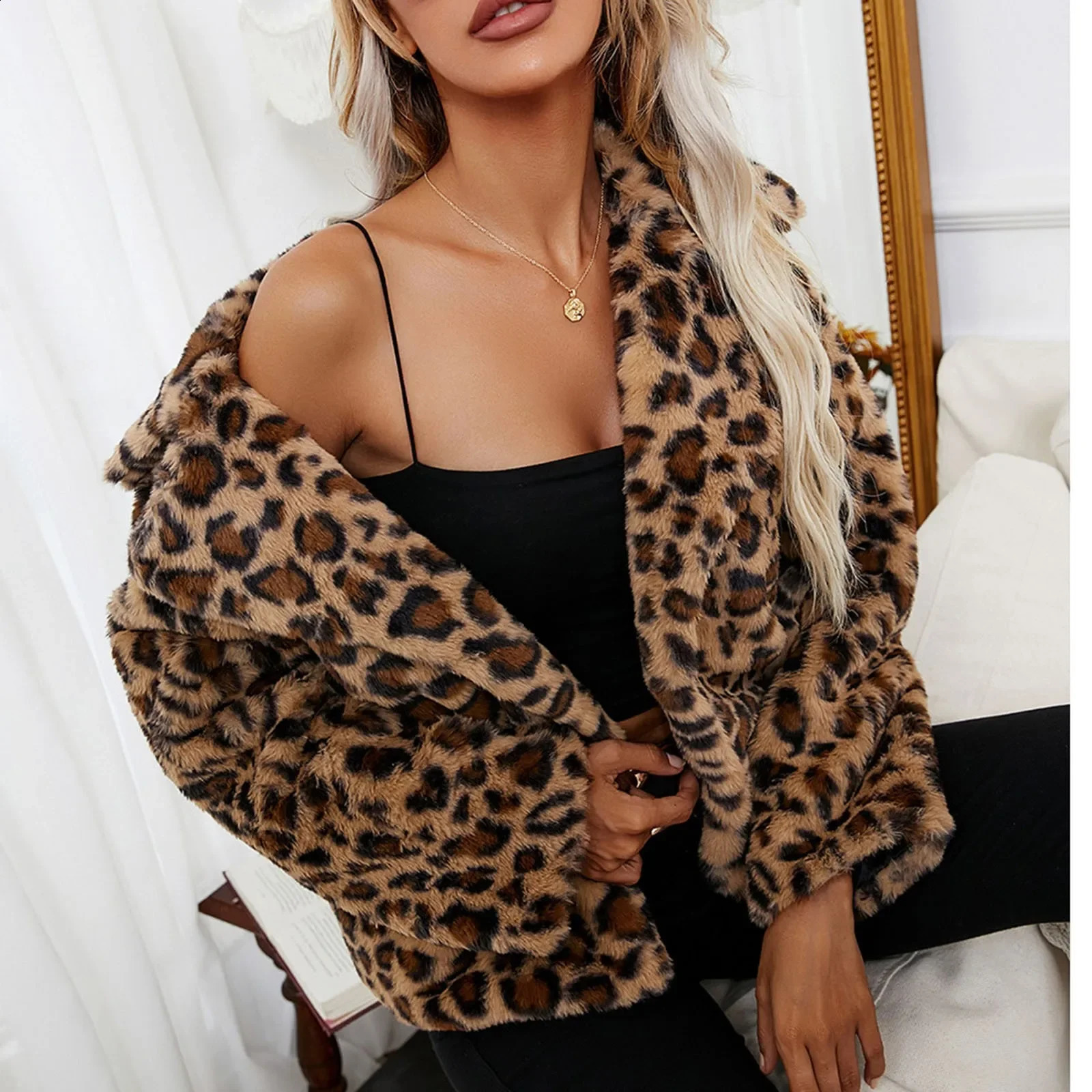 TEELYNN autumn and winter warm faux fur coat womens jacket fashionable leopard print loose fluffy teddy coat Bohemian coat 240919