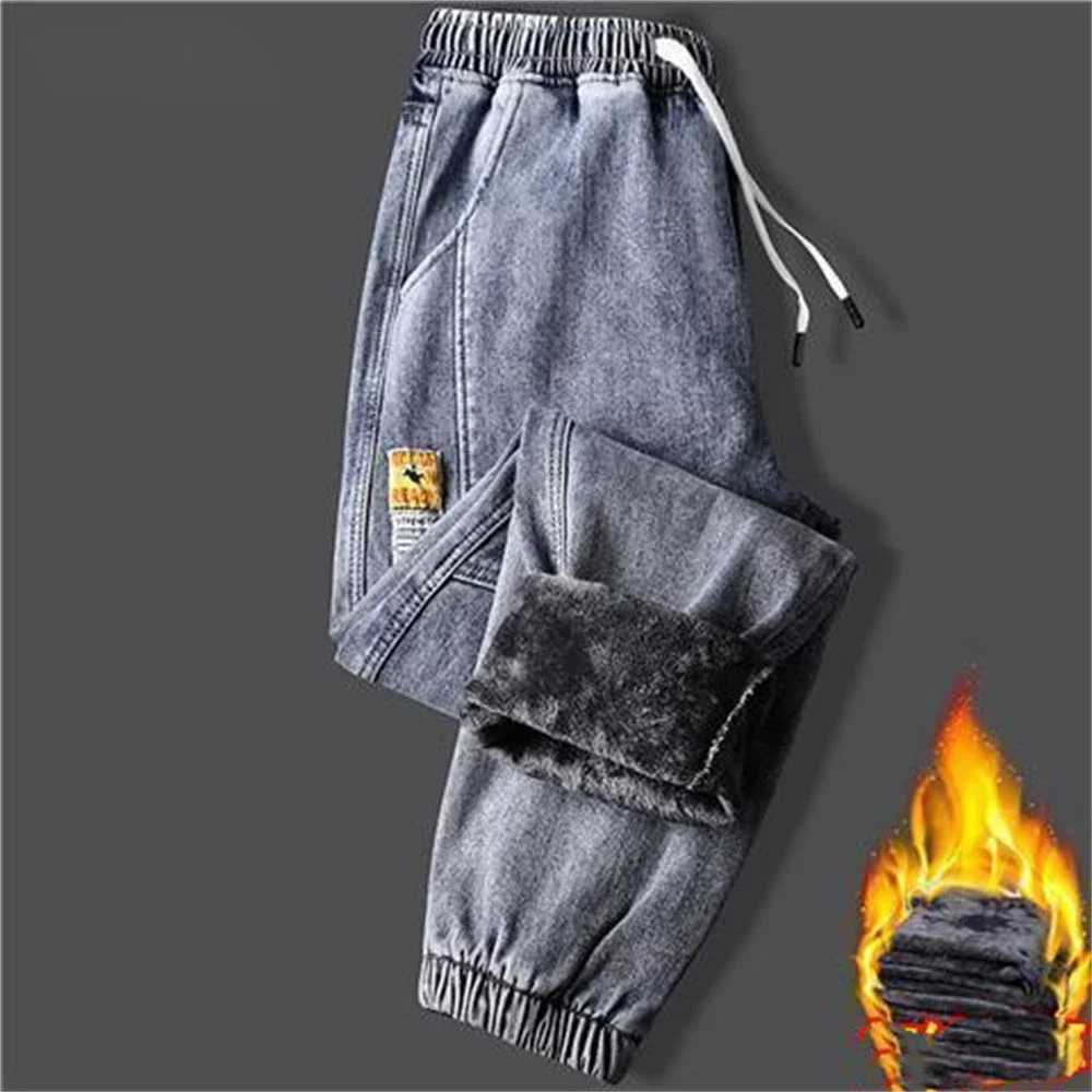 New mens jeans winter wool jeans thick warm denim pants mens streetwear black runner harem jeans hot pants W240918