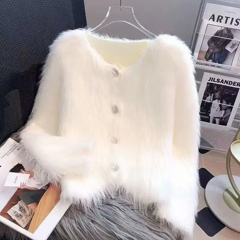 Sueter Mujer Invierno 2024 Korean Style Female Cardigans Round Neck Solid Color Fiocking Sweater Women Fall Winter Coat 240907