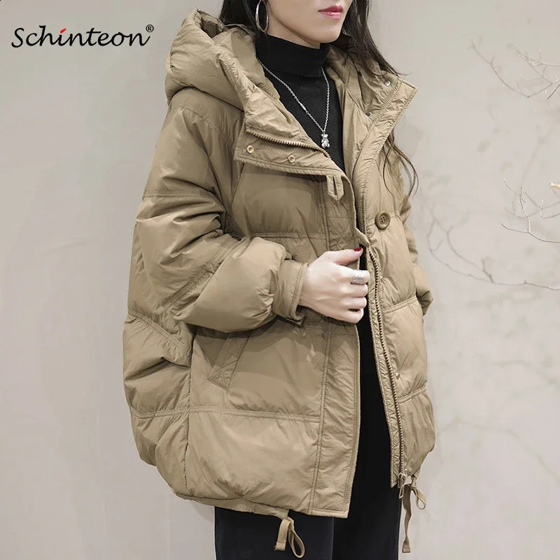 Schinteon womens white duck down jacket with hood autumn warm jacket casual plus size jacket Korean style 240919