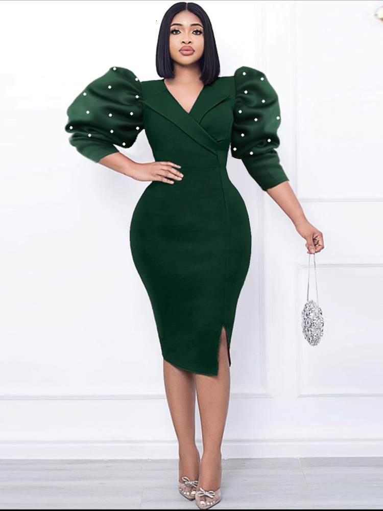 AOMEI V Neck Dresses For Ladies Half Puff Slve Dark Grn High Waist Bodycon Slit Elegant fice Work EvenParty Gowns L26923