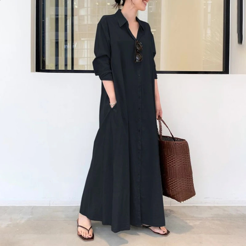 European and American style cotton linen solid color lapel long sleeved pocket loose casual long sleeved dress 240919