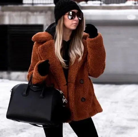 Winter Thick and Warm Teddy Coat for Women Flip Collar Long Sleeve Fluffy Hair Hair Leather Jacket Womens Button Pocket Large Size Coat 240919