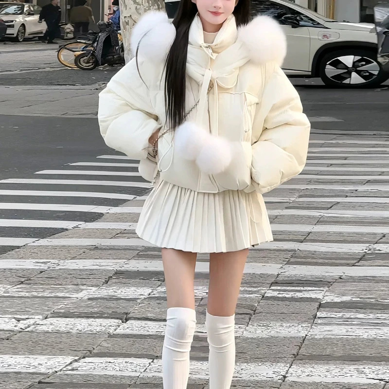 Womens winter jacket short jacket Korean solid fashion high-end jacket big fur collar thick hooded snow jacket 240919