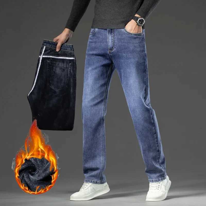 Jeans dritti in lana calda casual invernale stile classico plus size pantaloni tascabili in denim peluche abbigliamento di marca da uomo W240919 d4