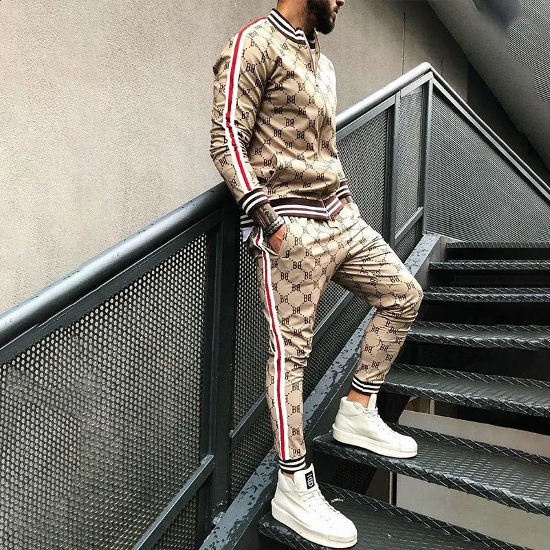 Mens sportswear set fashionable plain weave mens jacketpants 2-piece set autumn high-quality 3D printed casual sportswear 240919