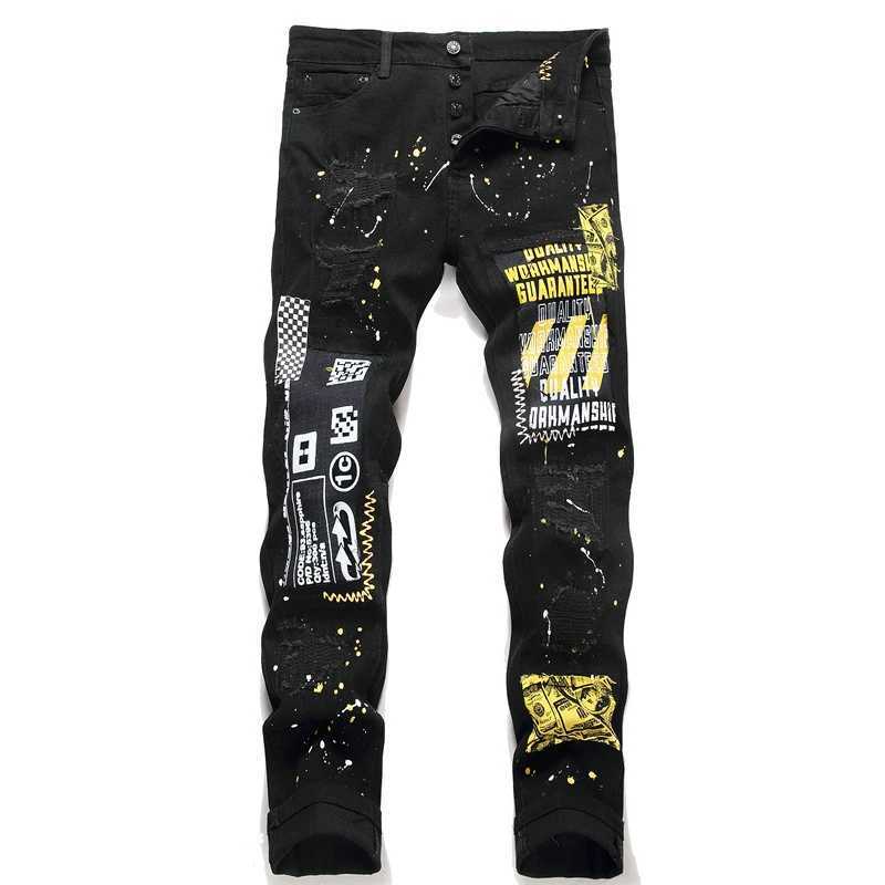 Men's Pants Spring and Autumn Punk Style Mens Black Jeans Fashion Tear Embroidered Printed Pencil Pants Street Mid Waist Slimming Clothing Z