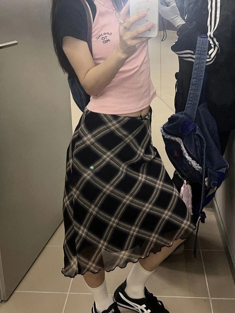 HOUZHOU Y2K retro checkered womens summer Korean casual screen printed high waisted ultra-thin Midi womens 90s streetwear 240919