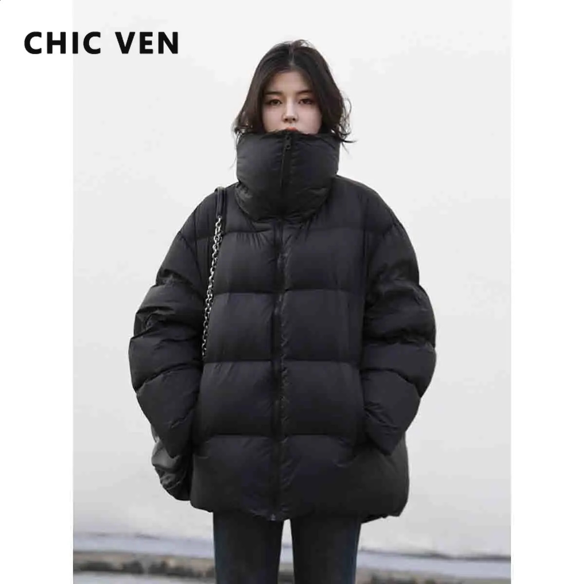CHIC VEN Womens Down Jacket Korean Stand Collar Simple Solid Color Warm Casual Jacket Soft Fashion Womens Wear Winter 240919