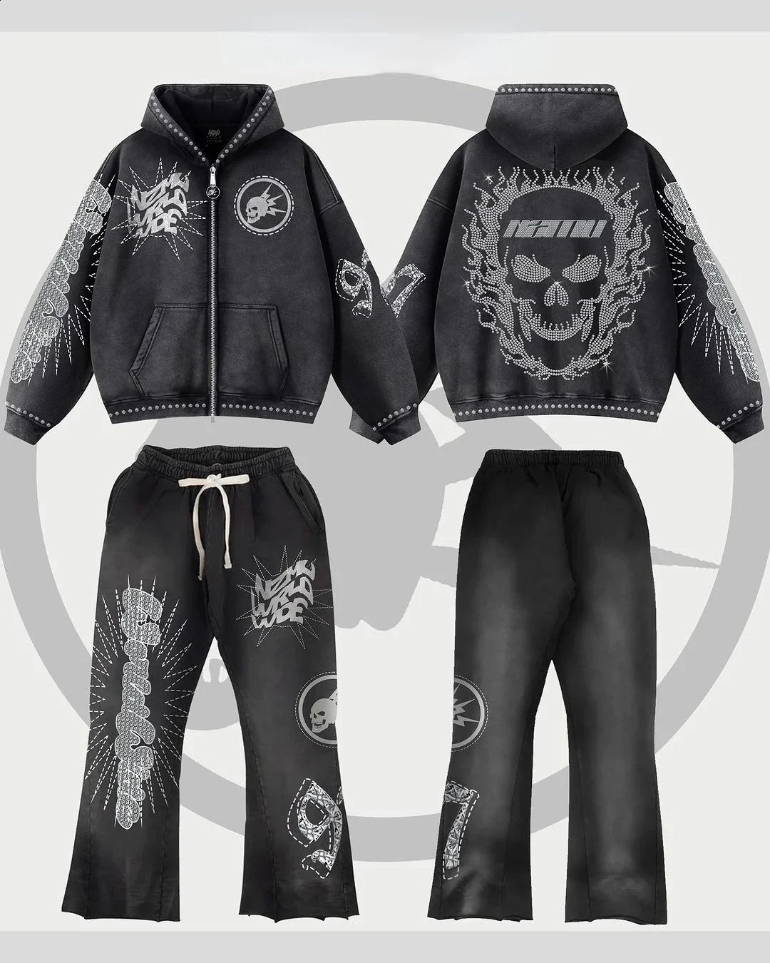 Minimalist Harajuku Style Set Two Piece Large Hooded High Waist Skull Embroidered Pants Sweatshirt Coat Y2K 240911Z