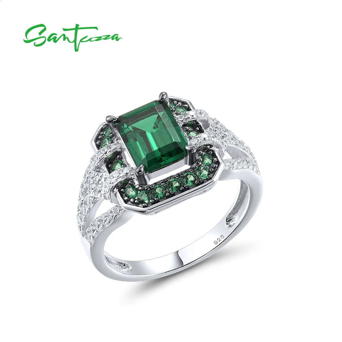 SANTUZZA Pure 925 sterling silver ring suitable for women sparkling green spinel white CZ card ring classic and exquisite jewelry 240918