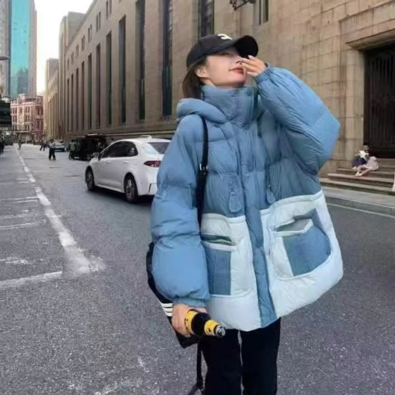 Womens hooded white duck down jacket warm park Korean splicing casual womens jacket street fashion medium length 240919