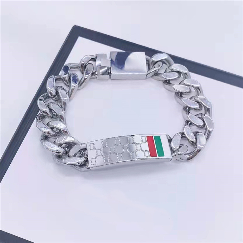 Vintage Luxury Stainless steel designer Boy men G heavy thick bracelets 18K Gold silver rose green red Bangles logo engraved bracelet women Jewelry