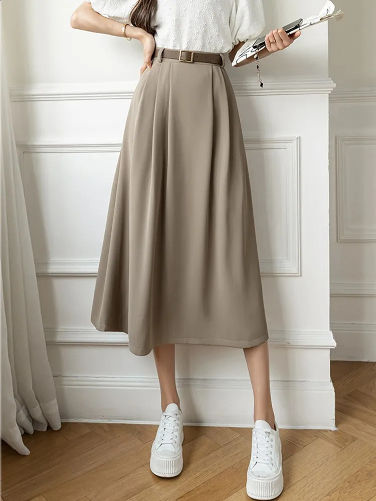 High waisted casual women arrival fashion Korean style solid color matching women elegant A-line long skiing W1082 240919