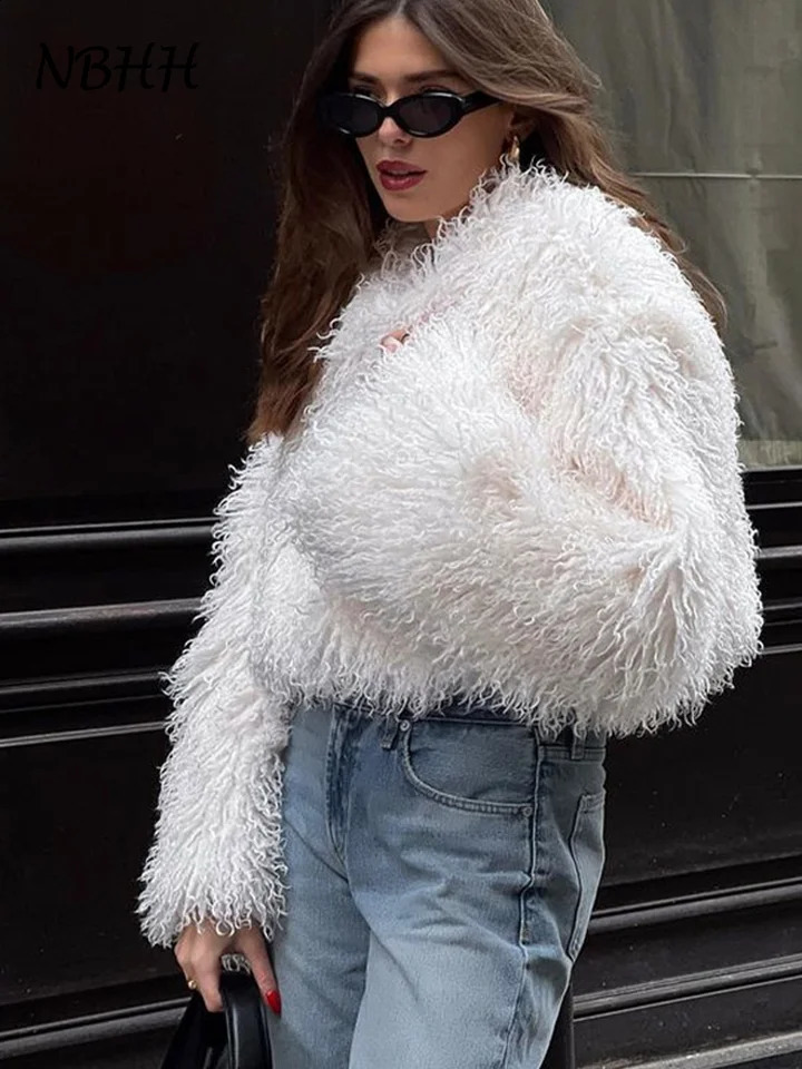 Winter Fluffy Faux Fur Jackets Women O-neck Long Sleeves Solid Warm Thicken Coats Female Autumn Fashion Lady Outerwears 240919