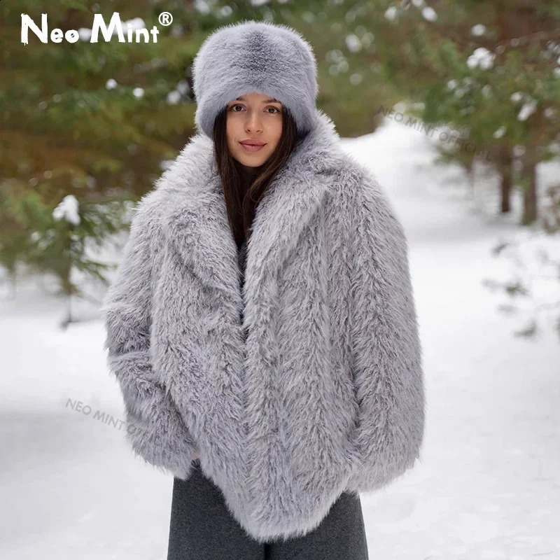 Neo Mint Winter Exclusive Collar Long Teddy Jacket Coat Womens Fashion Comfort Pad Artificial Fur Coat 240919