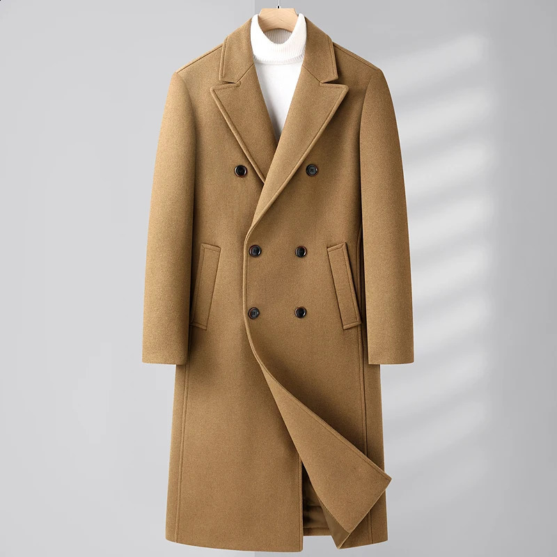 Mens fashionable cashmere elegant gentleman business solid color ultra-thin casual wool double-layer medium length wool coat 240919