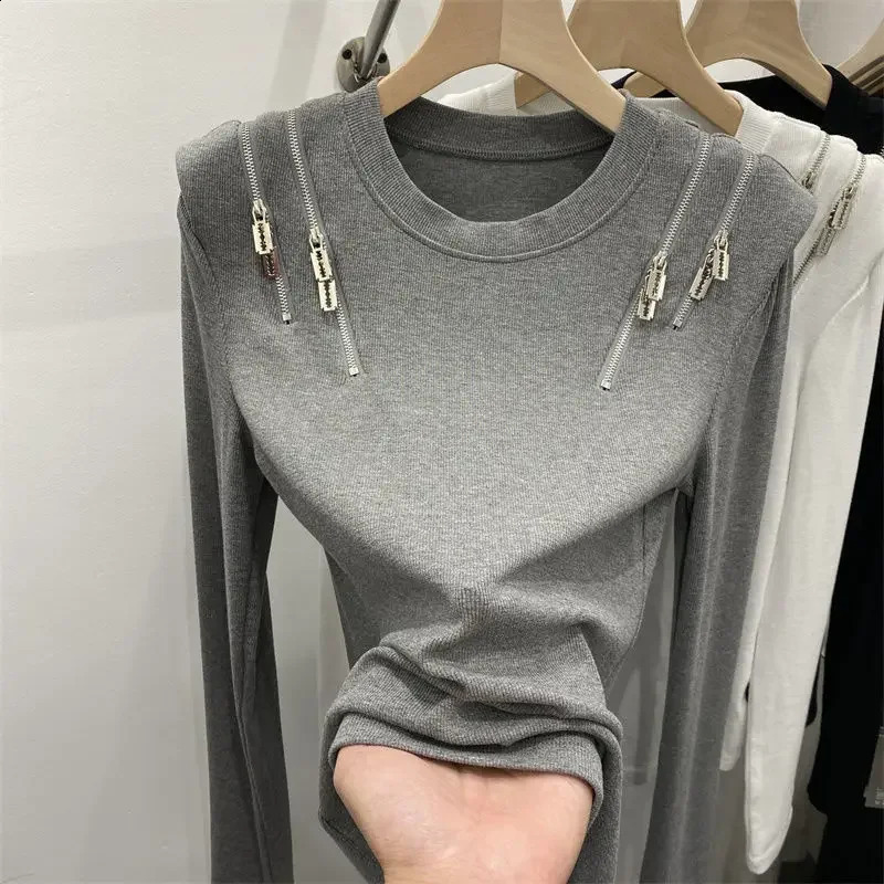 sexy round neck zipper long sleeved T-shirt for women spring cotton slim T-shirt for women crop top for women sexy tight T-shirt Y2k 240919