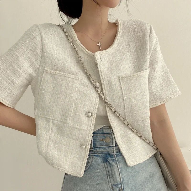 Heliar Womens Single breasted Open cardigan Elegant coarse woolen jacket with pockets womens short sleeved fashionable jacket spring and summer 2409