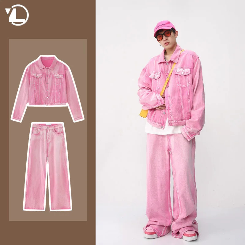Y2K denim suit mens spring and autumn hip-hop wash high street suit fashionable lapel denim jacketwide leg straight jeans casual 2 pieces 240920