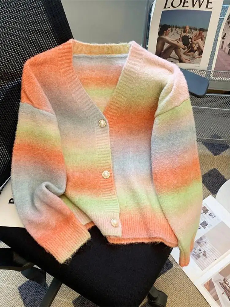 Autumn and winter French retro rainbow lock elegant knitted cardigan top womens V-neck single chest long sleeved sweater 240920