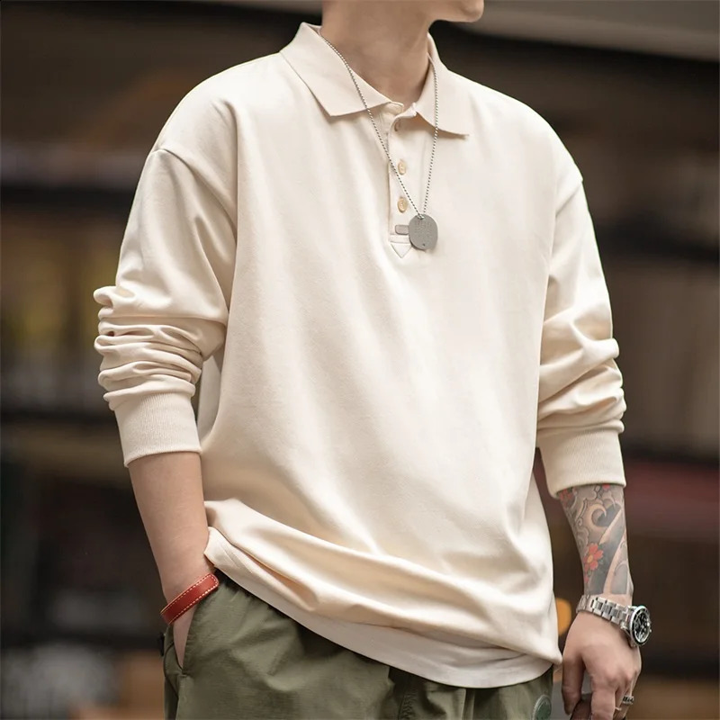 Maden Spring Retro Mens Super Large Polo Shirt Casual Solid Color Long Sleeve T-shirt Fashion Collar Flat Top 240920