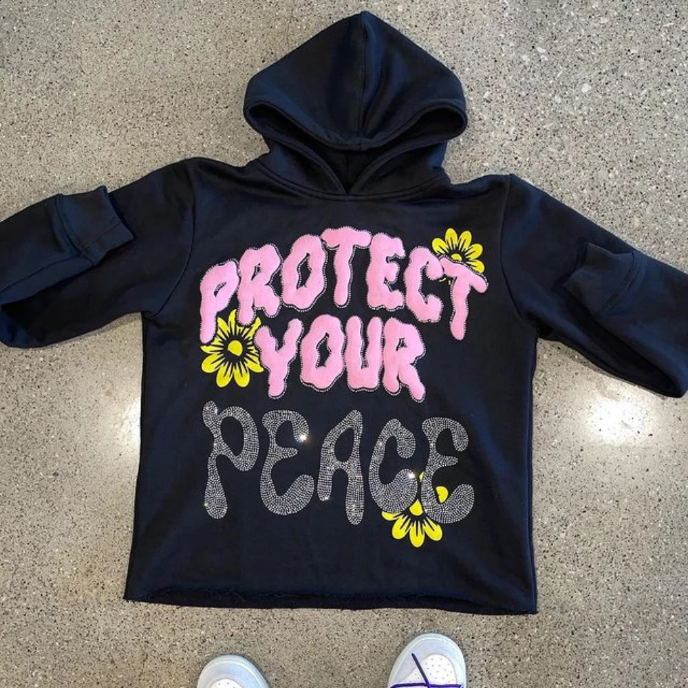 American vintage hip hop diamond hoodie style letter print men and women loose long sleeve personality street top 240920