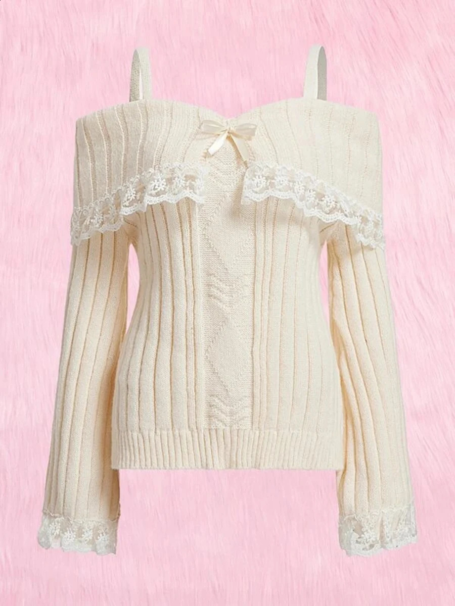 Pull d'épaule froide pour femmes Comparaison à manches longues en dentelle épissage en tricot en tricot à épaule avant automne / hiver parachute
