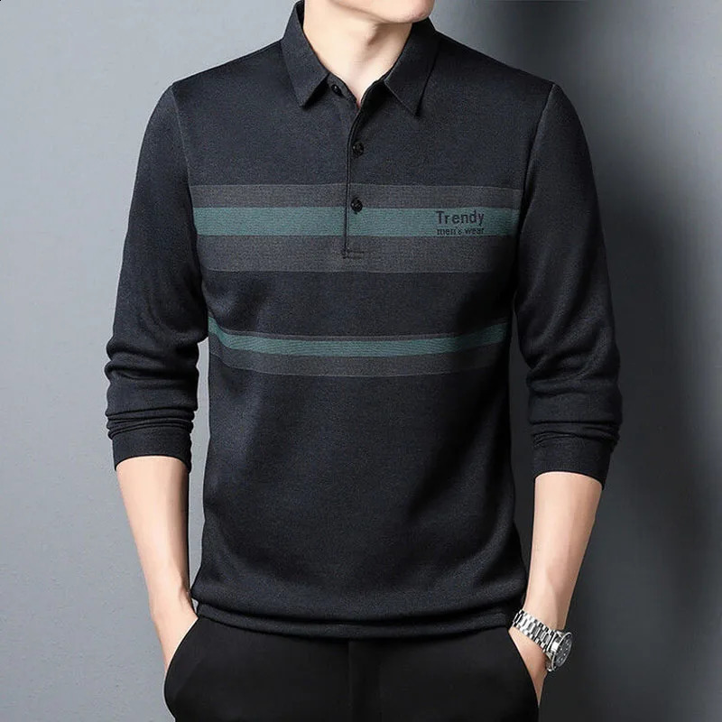 Mens spring polo collar long sleeved autumn loose casual business casual bottom T-shirt 240920