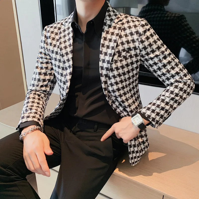 British style mens Houndstooth ultra-thin fit jacket simple ultra-thin fit business dress Coats grooms dress evening dress jacket 240920