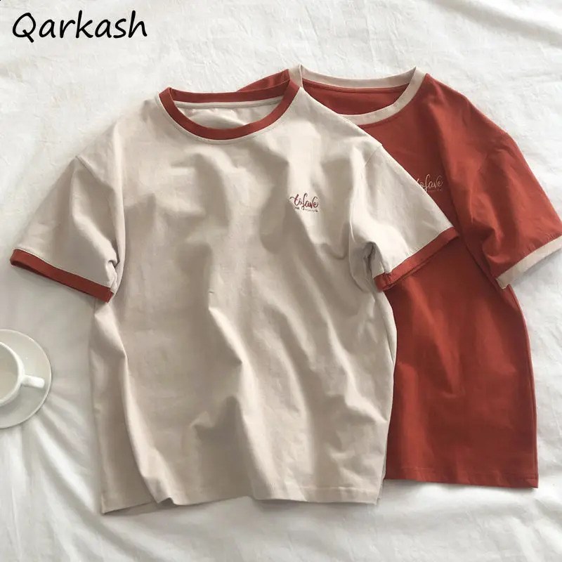 Harajuku womens casual top womens retro embroidered short sleeved T-shirt retro Korean style O-neck fashionable clothing 240920